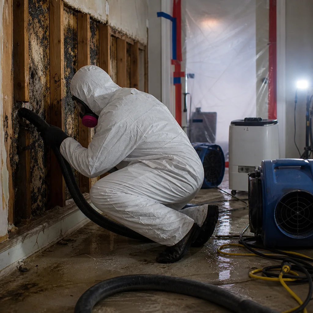 Technician in protective suit performing professional mold remediation on wall studs