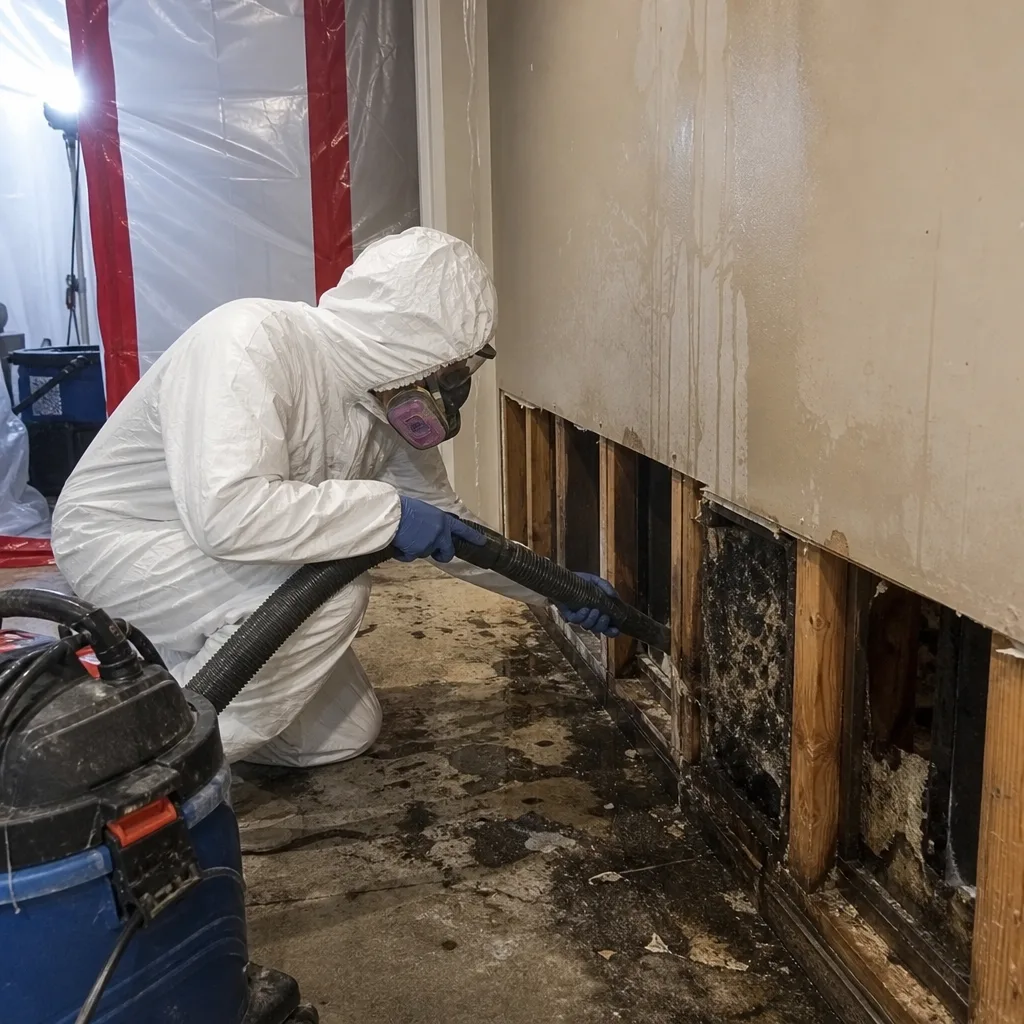 Technician in protective gear performing professional mold remediation on wall studs.