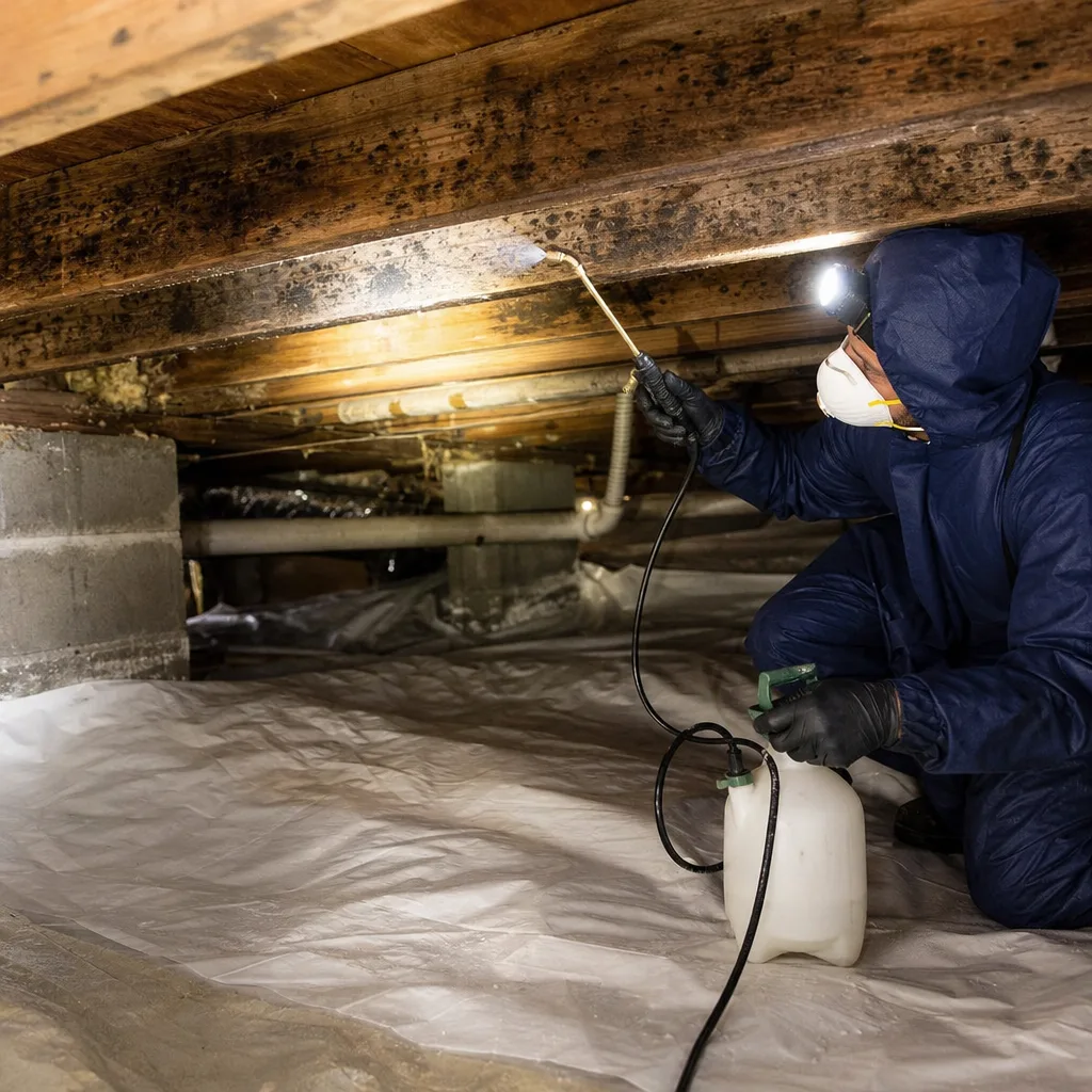 Technician in protective suit performing professional mold remediation in crawl space