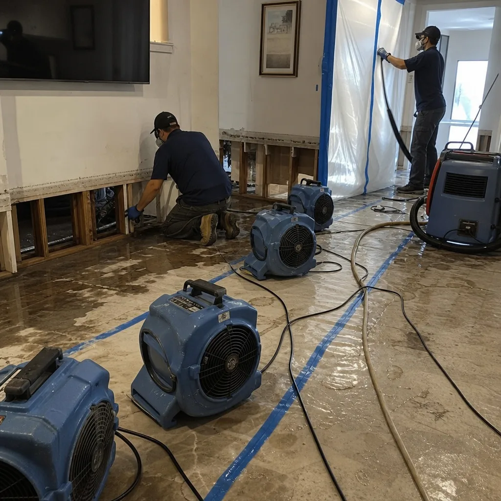 Technicians performing professional water damage repair and drying services
