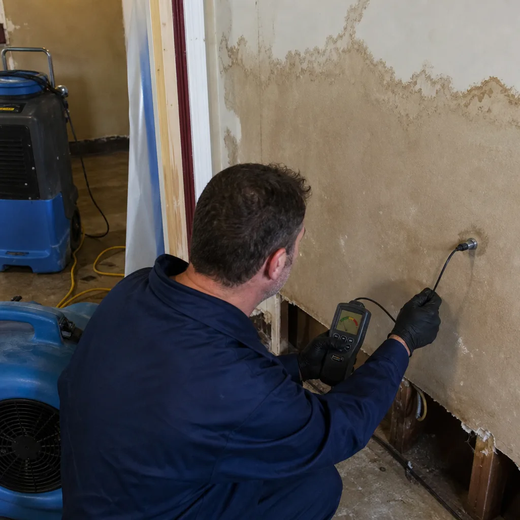 Technician using moisture meter to inspect water damaged wall during restoration