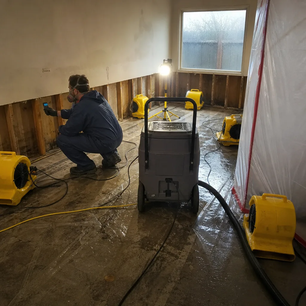Water damage restoration professional inspecting moisture in a residential home renovation.